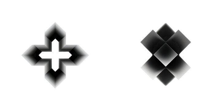Two 3D geometric shapes with transparent and white gradient on a transparent background