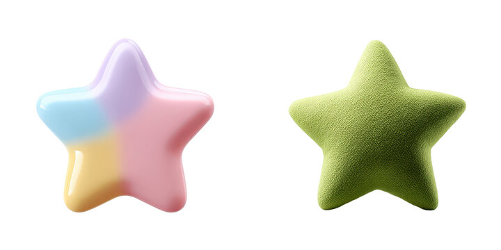 Two stars are displayed against a transparent background, one with glossy pastel colors and the other with a textured green surface.