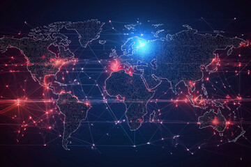 Fototapete - Abstract world map with glowing lines light technology 