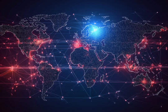 Abstract world map with glowing lines light technology 