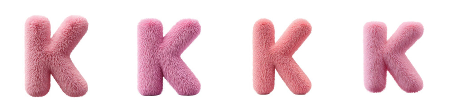Four fluffy pink letters K with different shades isolated on transparent background