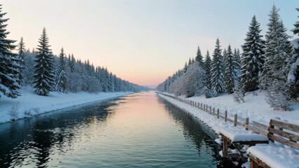 Wall Mural - snowy river with a wooden fence and benches next to it