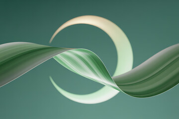 Poster - Subtle green gradient art features flowing ribbons intertwined with a luminous crescent against a muted backdrop, promoting calm, elegant design.