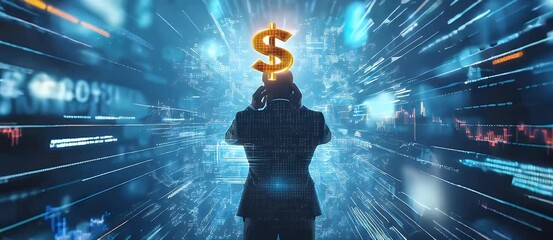 Poster - Silhouette of a person with dollar sign on head financial market and data streams abstract background in shades of blue and gold.