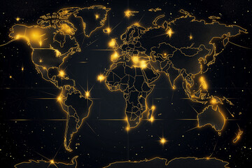 Fototapete - Gold world map in the background. Seamless pattern flat illustration style and world map. Ultra-modern gold lines world map with glowing edges. Golden world map background global luxury travel