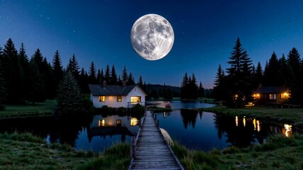 Wall Mural - there is a wooden bridge going across a lake to a house