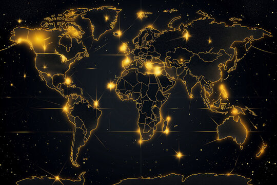 Gold world map in the background. Seamless pattern flat illustration style and world map. Ultra-modern gold lines world map with glowing edges. Golden world map background global luxury travel