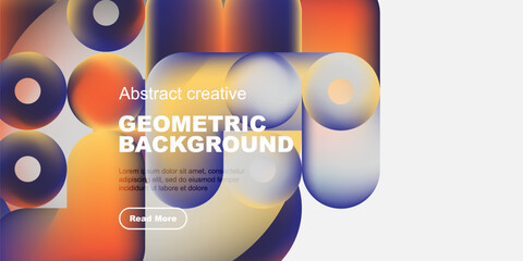 Fototapete - Vibrant geometric shapes overlap, creating dynamic abstract background. Orange, blue hues dominate design. Text present, button visible.