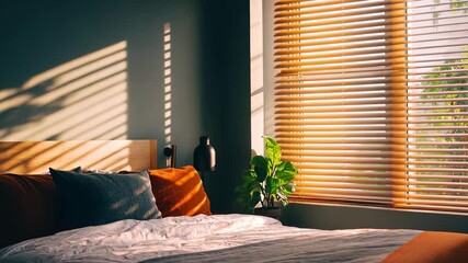 Aufkleber - Slow motion view of electronic blinds opening in a cozy bedroom during morning light, Slow motion shot of blinds opening electronically in a villa bedroom