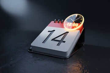 Poster - Rendered calendar on the fourteenth with a glowing clock shows twelve, symbolizing deadlines, planning, and time management.
