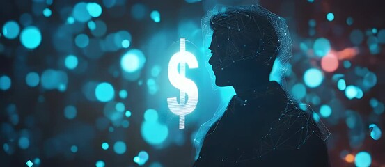 Poster - Silhouette man dollar sign illustration against blurred background with bokeh lights financial concept