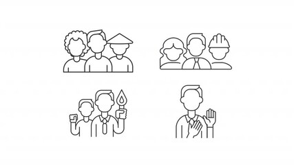 Poster - Corporate equality line animation set. Employees inclusion animated icons. Multicultural workers. Cooperation, professionals. Outline elements on white background. HD video with alpha channel
