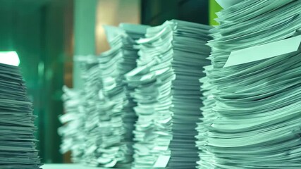 Poster - Piles of business papers stacked on a table in an office environment during the workday, many piles papers business on table video background seamless ing quality
