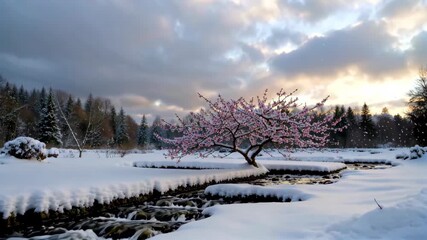 Wall Mural - snowy landscape with a tree and stream in the foreground