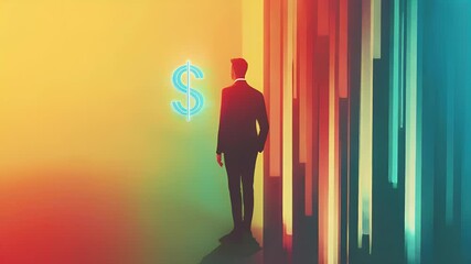 Poster - Business figure stands before dollar sign in pixelated style. Gradient background in warm tones with vertical light bars. Modern and digital financial concept.