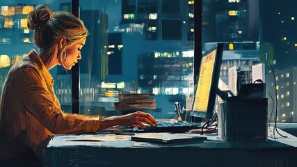 Poster - Woman working late at night in a modern office with city skyline view, Woman working late