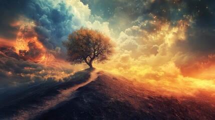 Wall Mural - A single tree stands on a hilltop amidst a swirling, colorful sky with clouds, a fiery sunset, and stars.