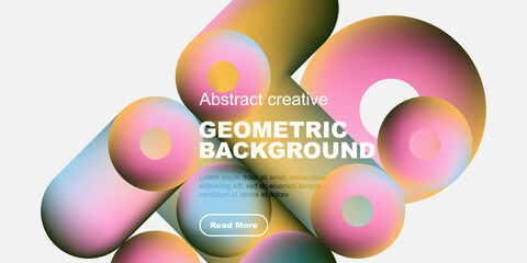 Fototapete - Vibrant abstract shapes overlap, creating colorful geometric background. Text promotes further exploration. Modern design elements present.