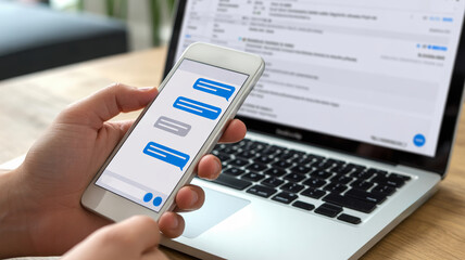 Poster - AI customer support for ecommerce. Person holding smartphone with chatbot conversation, laptop with email open background. AI for service