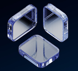 Poster - 3d glass transparent square plate shapes on abstract black background. Light blue crystal geometric blocks with sparkles and motion effect. Futuristic digital technology design render. 3D illustration