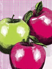 Poster - Stylized Flat Design Apples in Retro Halftone Style With Pop-Art Look on Blank Upper Layout, Blending Modern Art and Classic Design Elements