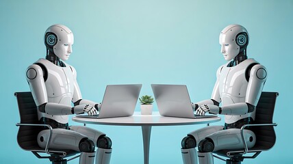 Two humanoid robots working on laptops at table with plant on blue background

