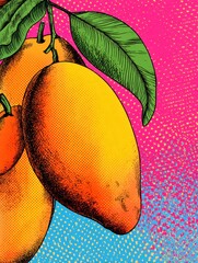 Poster - Colorful Pop Art Pattern Featuring Mangoes With Halftone Texture, Showcasing Vibrant Fruit Against a Bright Background With Blank Space on the Right