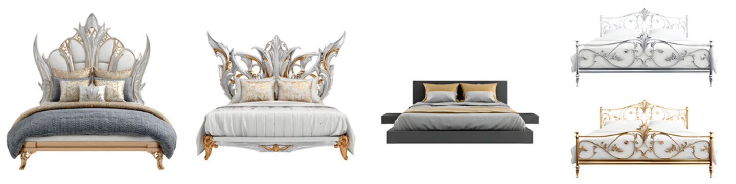 Luxury Beds Collection on White Background: Interior Design and Bedroom Furniture