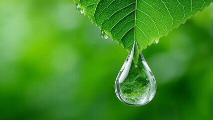 Poster - Greenhouse gas control. Clear water drop hanging from vibrant green leaf vein close up with soft blurred nature background creating fresh natural feeling