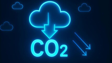 Poster - Greenhouse gas control. Carbon dioxide emission and reduction concept with glowing blue cloud and downward arrow symbols highlighting CO2 impact