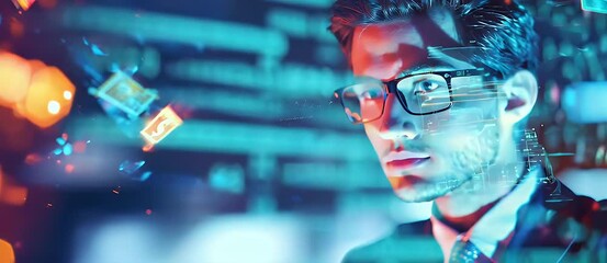 Poster - Focused businessman wearing glasses with digital money symbols. Blue and orange bokeh with data visualization in the background. Man in a suit looks thoughtful