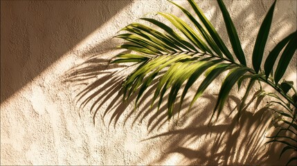 Aufkleber - Sunlight Casts Intricate Shadows of a Green Palm Leaf on an Ivory Wall During the Afternoon Hours in a Serene Indoor Setting