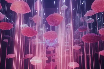 Poster - Pink and purple abstract shapes suspended in a glowing space.