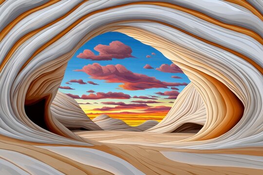Pixelated Rock Landscape with Pink and Orange Sunset Clouds Digital Art