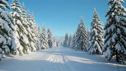 Wall Mural - arafed view of a snowy path through a forest with pine trees