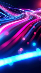 Poster - Abstract neon light streaks of blue and magenta in dynamic, futuristic tech pattern on dark backdrop, representing data flow