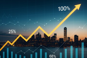 Poster - Abstract business graph with rising yellow arrow and data percentages over city skyline background at dusk illustrating financial growth concept.