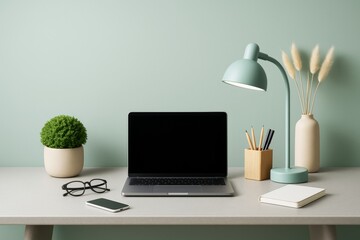 Poster - Minimalist workspace with laptop, smartphone, glasses, lamp, and decor on light desk against soft green background in modern abstract business style.