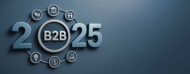 Poster - B2B 2025 business concept with futuristic icons and typography on dark blue background for design, banner, mockup, or promotional template.