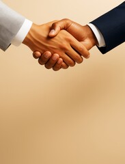 Poster - Two businessmen shaking hands on a light beige background symbolizing partnership and success in professional collaboration. Ai generative.