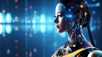 Poster - Futuristic humanoid AI portrait, female face profile with digital circuitry, data streams, artificial intelligence, glowing blue, conceptual technology