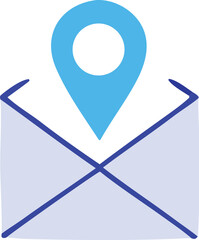 Poster - A stylized blue map pin icon is positioned directly above a light blue envelope with blue crisscrossed lines representing its closure