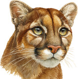 Watercolor painting of a cougar face with piercing eyes isolated on transparent background