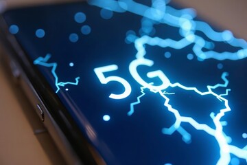 Poster - Close-Up Shot of Mobile Phone Screen Demonstrating Lightning-Fast 5G Network Speeds in Action.