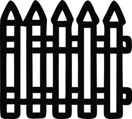 Fototapete - A stylized black and white graphic illustration of a simple picket fence with pointed tops and horizontal crossbars creating a bold graphic design