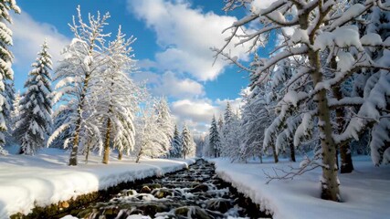 Wall Mural - snowy trees line a stream in a snowy forest