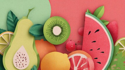 Poster - Colorful Collage of Fruits With Paper-Cut Textures in Pastel Tones for Vibrant Artistic Display