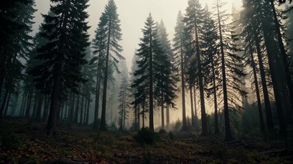 Wall Mural - trees in a forest with fog and sun shining through the trees