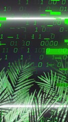 Poster - Binary code and data processing animation over tropical palm leaves