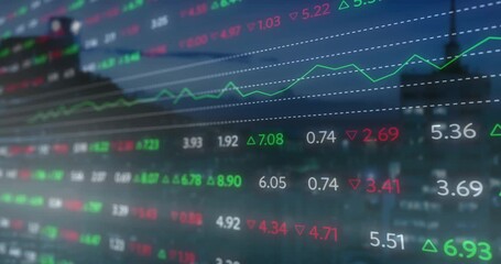 Poster - Launching interface showing transparent stock panel over skyline, numbers and arrows fluctuating